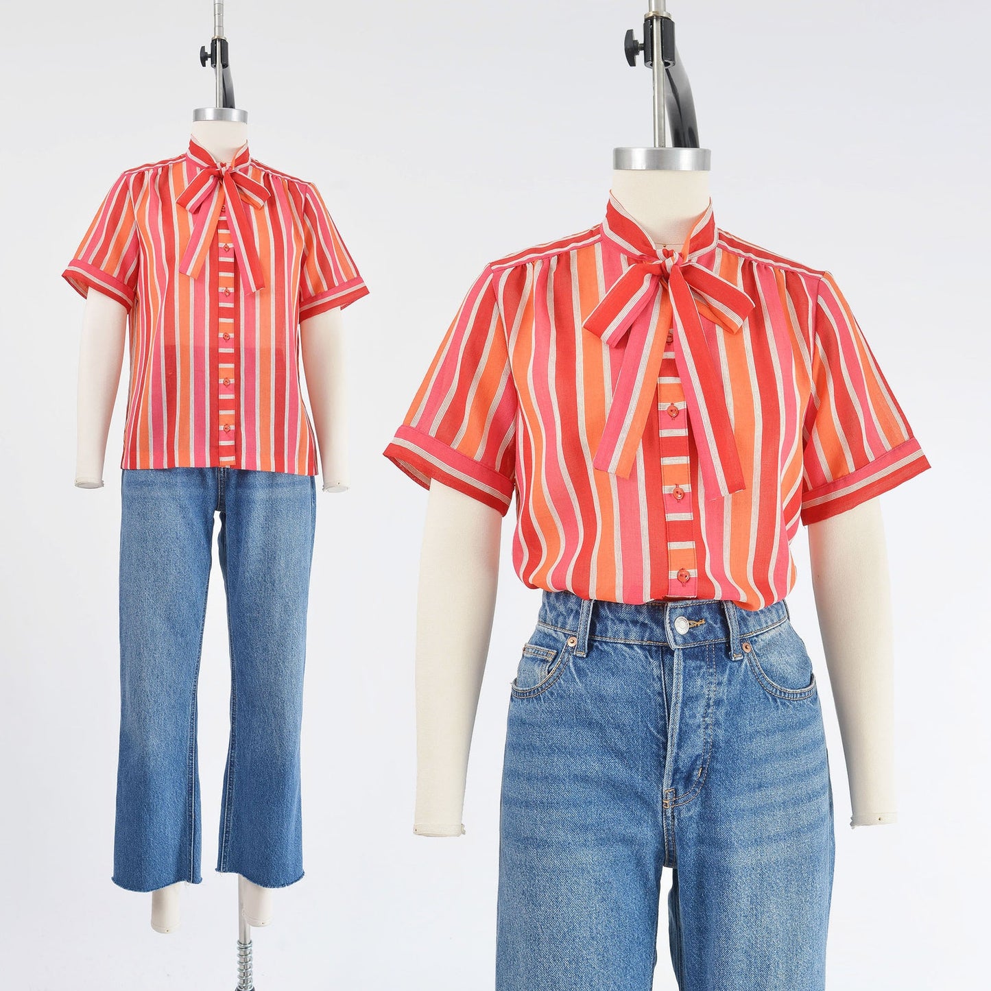 Vintage 70s orange and pink striped tie neck bow short sleeve blouse. 