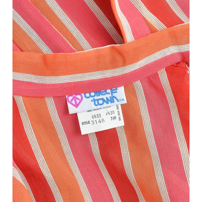 Vintage 70s Sheer Striped Tie Neck Blouse Pink and Orange Short Sleeve Top XS S