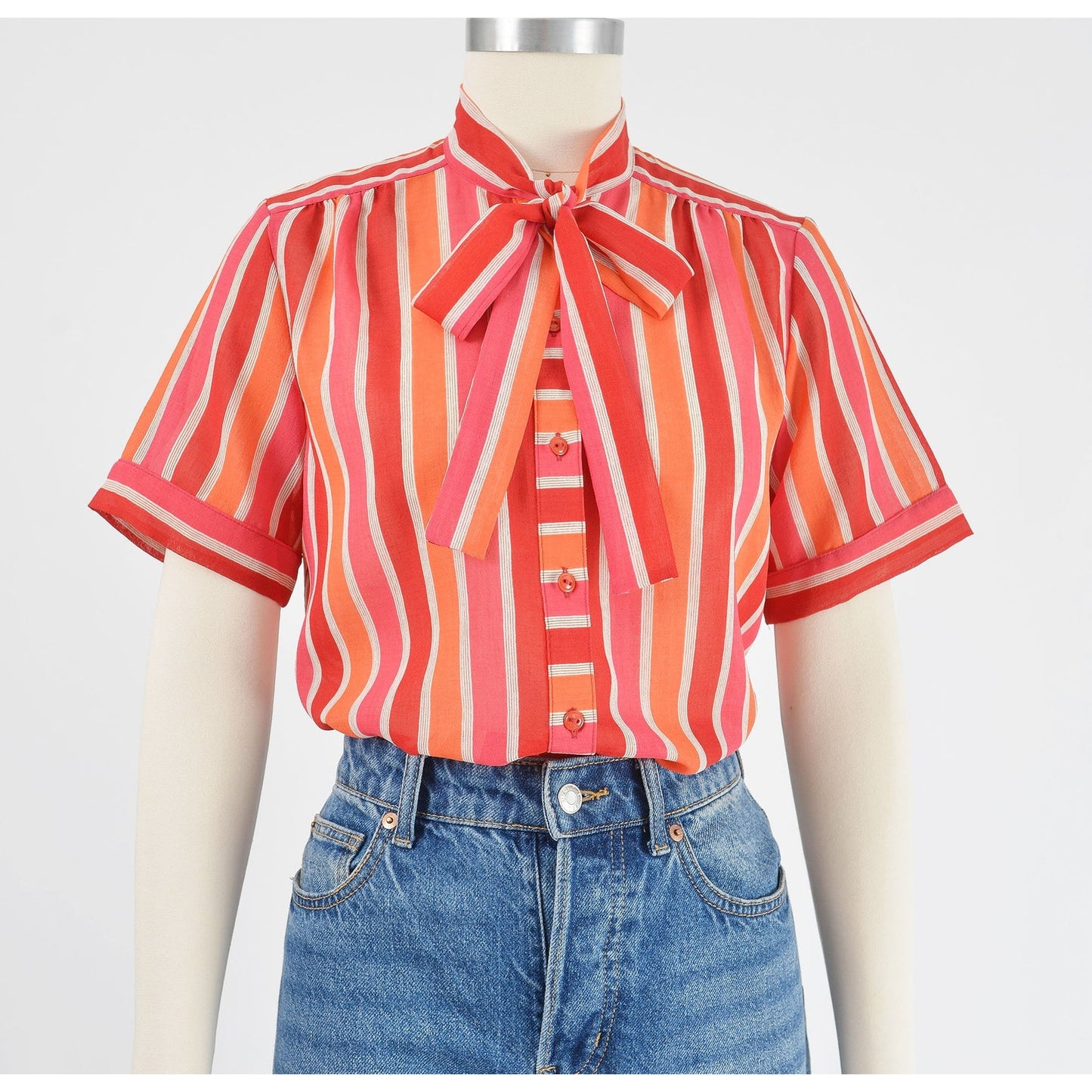 Vintage 70s Sheer Striped Tie Neck Blouse Pink and Orange Short Sleeve Top XS S