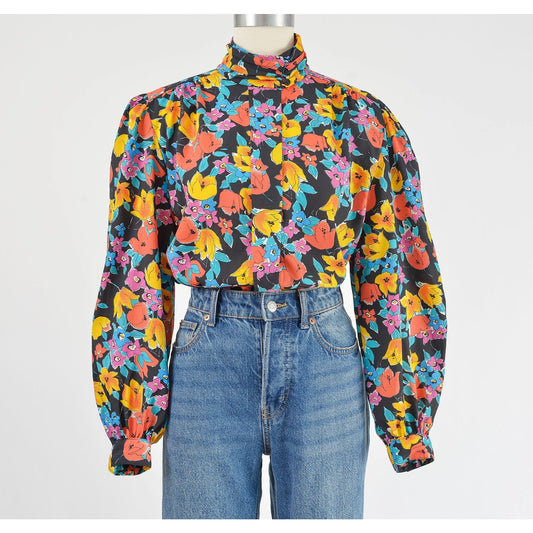 Vintage 80s Colorful Floral Blouse High Neck Top Puff Sleeve Button Down Top M