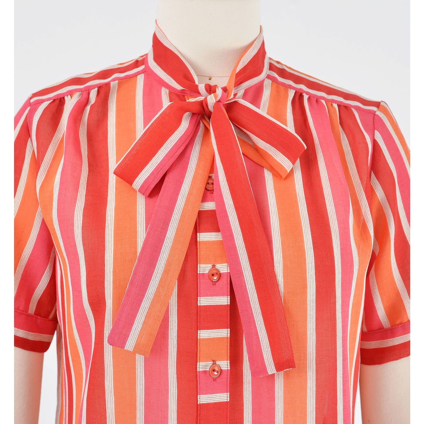 Vintage 70s Sheer Striped Tie Neck Blouse Pink and Orange Short Sleeve Top XS S