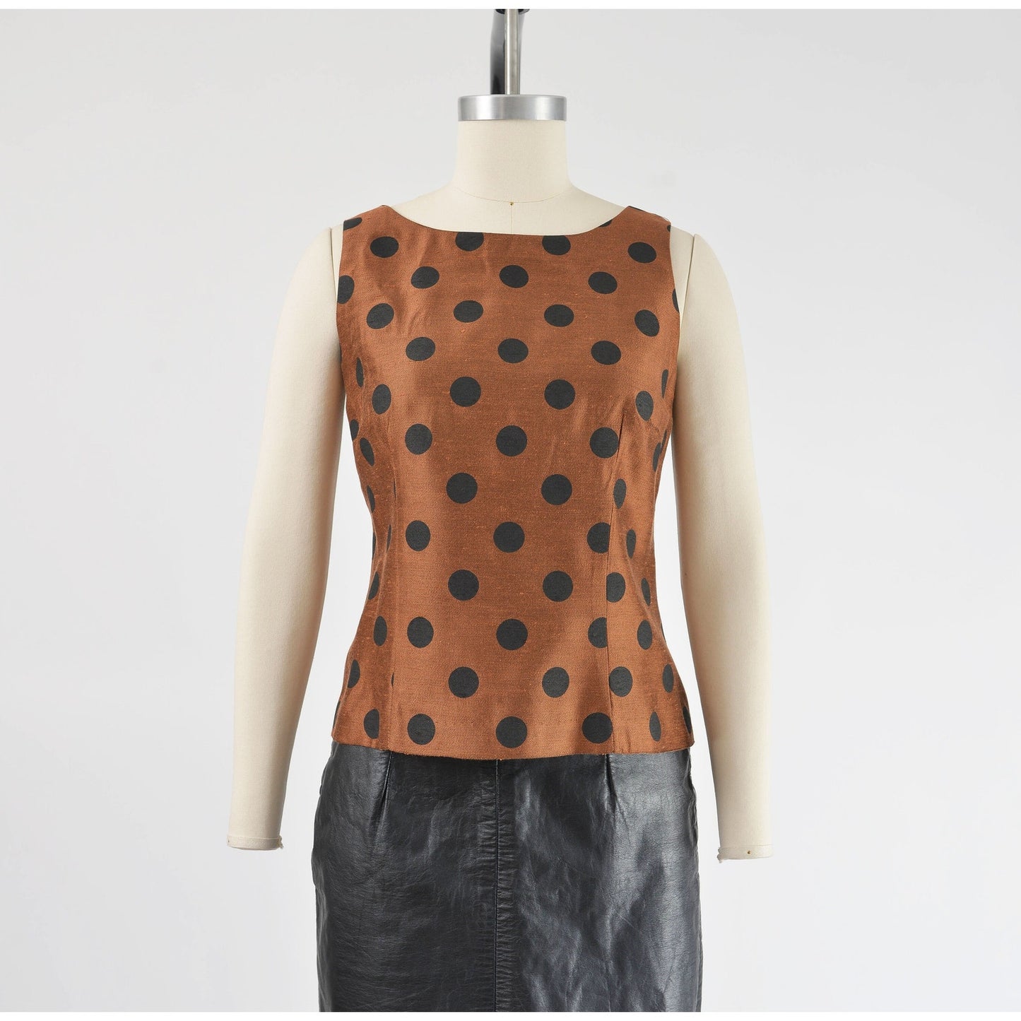 Vintage 90s Y2K Polka Dot Top Brown and Black Button Down Back Sleeveless Blouse size Medium