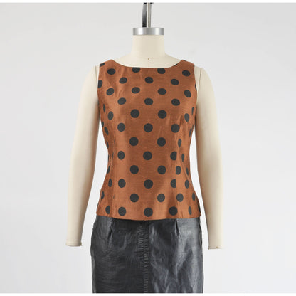 Vintage 90s Y2K Polka Dot Top Brown and Black Button Down Back Sleeveless Blouse size Medium