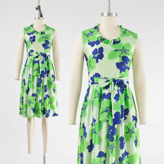 Vintage 60s lime green floral mod ruffle neck bow belt dress.