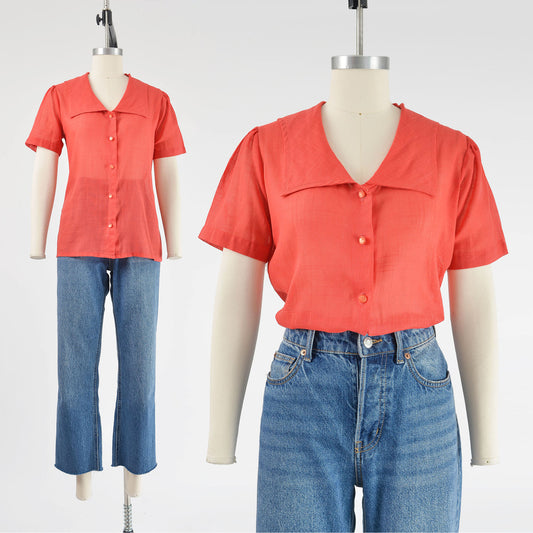 Vintage 60s Red Sheer Blouse Sailor Collar Button Down Short Sleeve Top size S