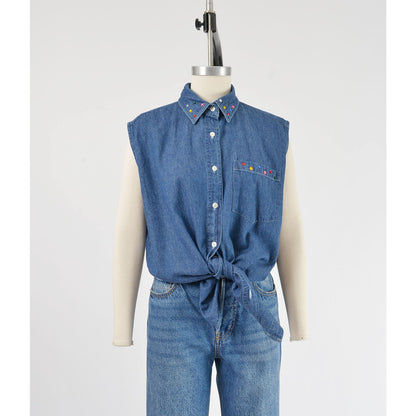 Vintage 90s Denim Sleeveless Shirt Rhinestone Collared Button Down Blouse Blue Cotton Chambray Top size M L