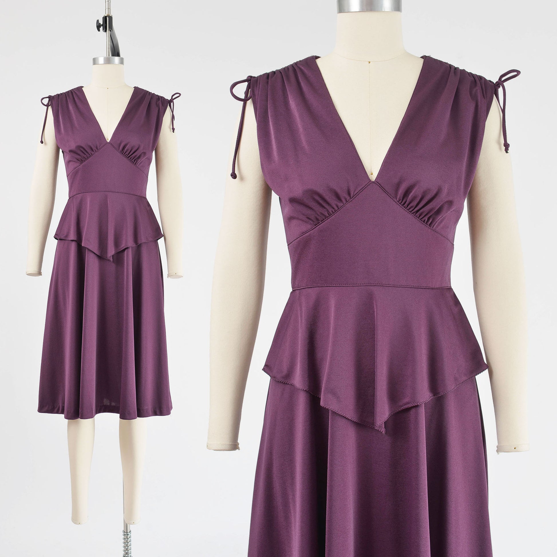 Vintage 70s purple v neck peplum waist disco party dress.