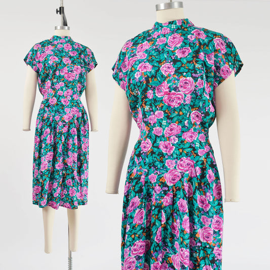 Vintage 80s Botanical Floral Print Cap Sleeve Button Down Back Midi Dress size M