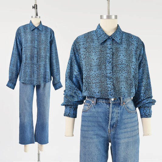 Vintage 90s blue snakeskin print blouse. Semi sheer fabric. Button down front. 