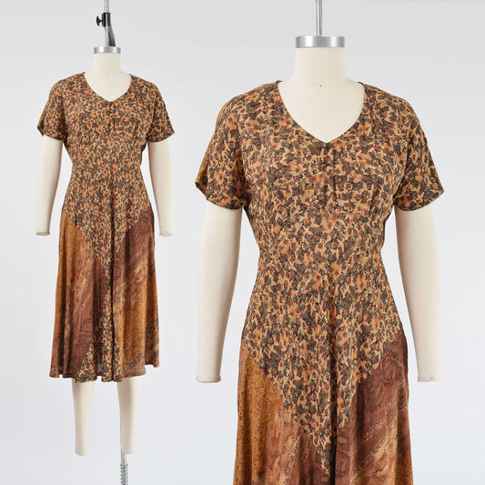 Vintage 90s Carole Little Brown Abstract Print Bias Cut Midi Dress size S