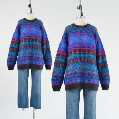 Vintage 90s Geometric Striped Crewneck Mohair Sweater size L XL