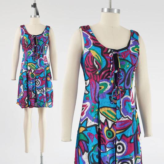 Vintage 90s Abstract Print Layered Tie Front Boho Sleeveless Shift Dress size S M