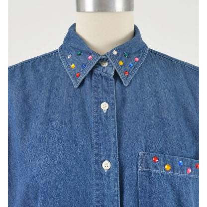 Vintage 90s Denim Sleeveless Shirt Rhinestone Collared Button Down Blouse Blue Cotton Chambray Top size M L