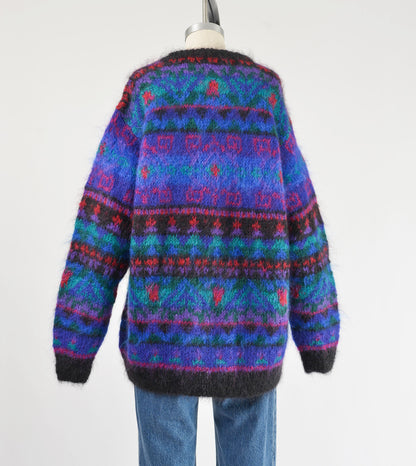 Vintage 90s Geometric Striped Crewneck Mohair Sweater size L XL