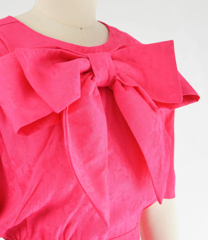 Vintage 80s Pink Puff Sleeve Fit and Flare Dress with Large Bow size L