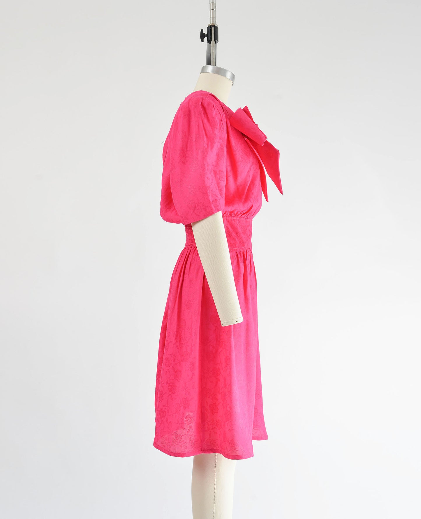 Vintage 80s Pink Puff Sleeve Fit and Flare Dress with Large Bow size L