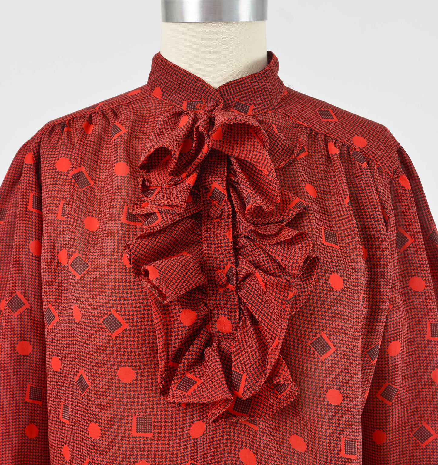 Vintage 80s Red and Black Houndstooth Geometric Ruffle Neck Sheer Blouse size S M