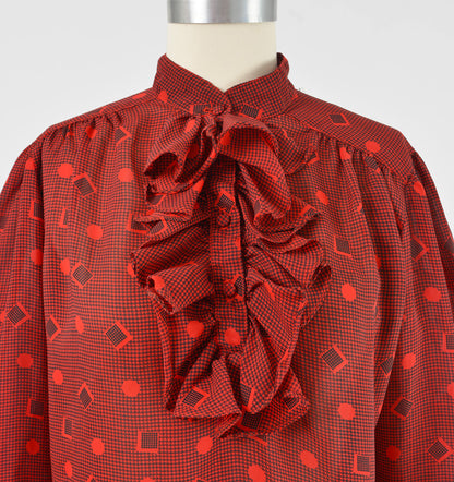 Vintage 80s Red and Black Houndstooth Geometric Ruffle Neck Sheer Blouse size S M