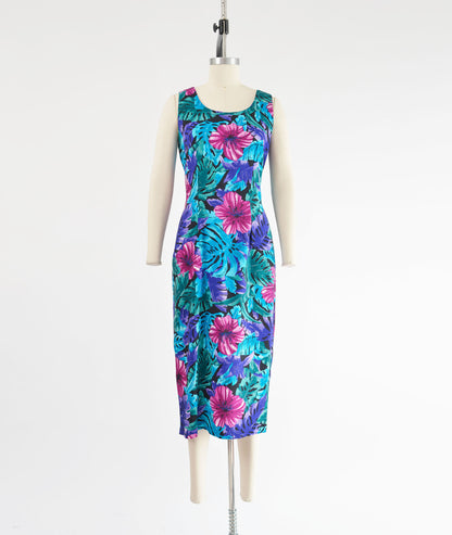 Vintage 1990s tropical floral print midi dress.