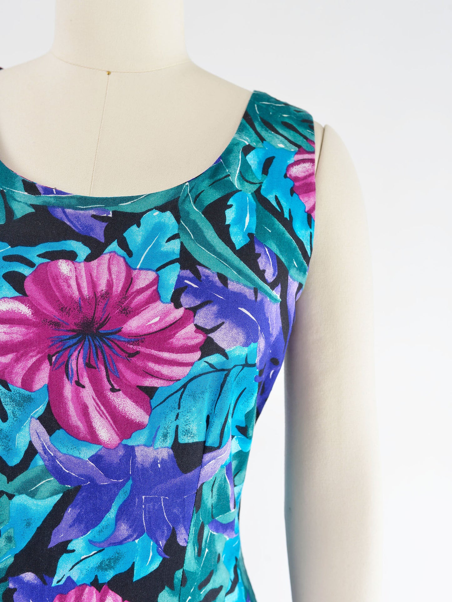 Vintage 90s Tropical Floral Print Sleeveless Midi Dress with Tie Back size M