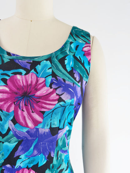 Vintage 90s Tropical Floral Print Sleeveless Midi Dress with Tie Back size M