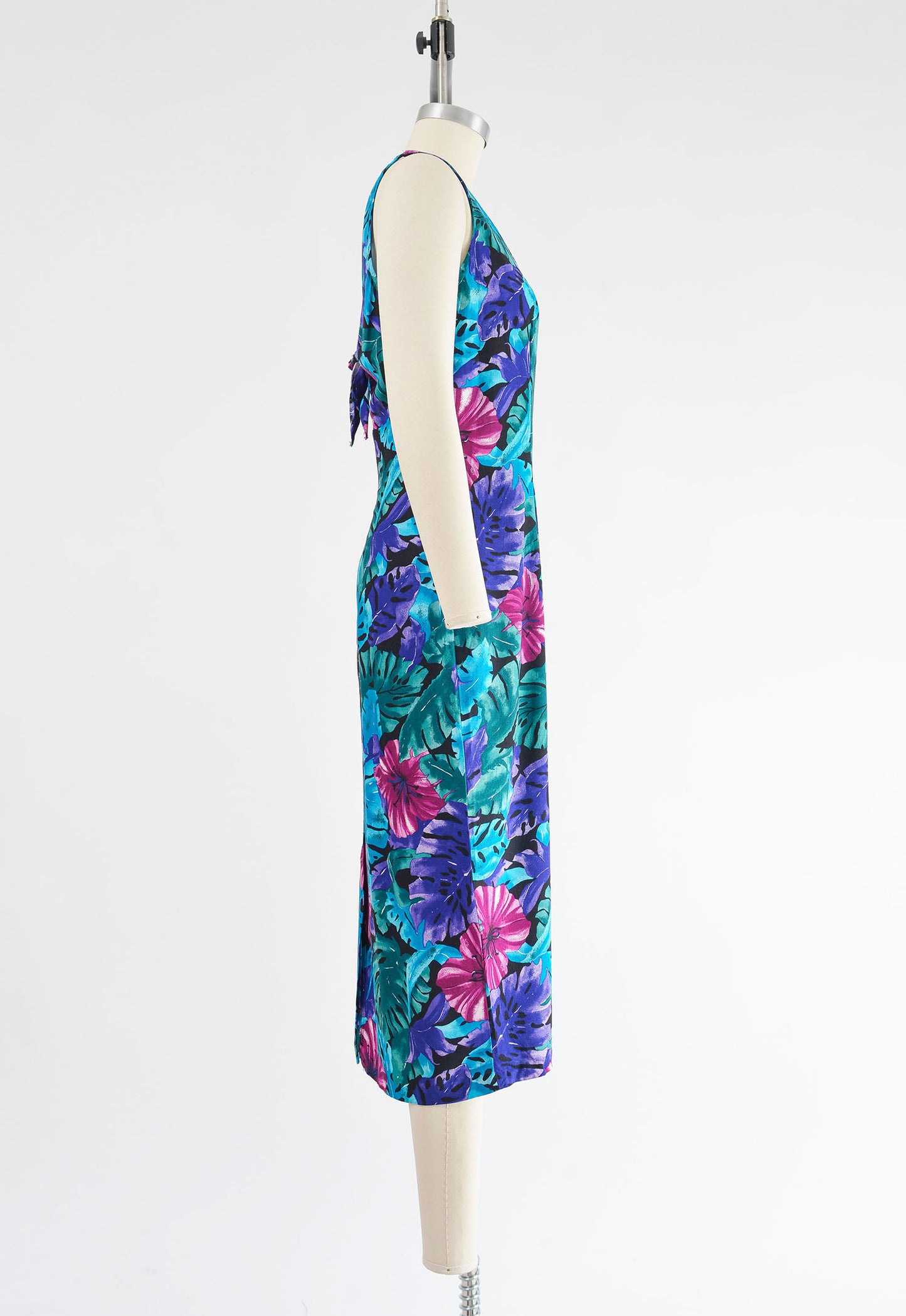 Vintage 90s Tropical Floral Print Sleeveless Midi Dress with Tie Back size M