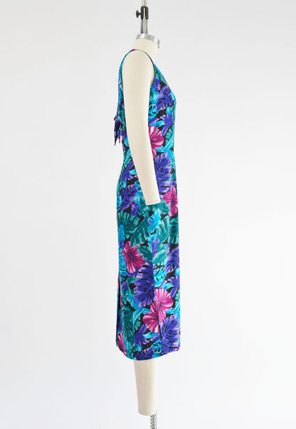 Vintage 90s Tropical Floral Print Sleeveless Midi Dress with Tie Back size M