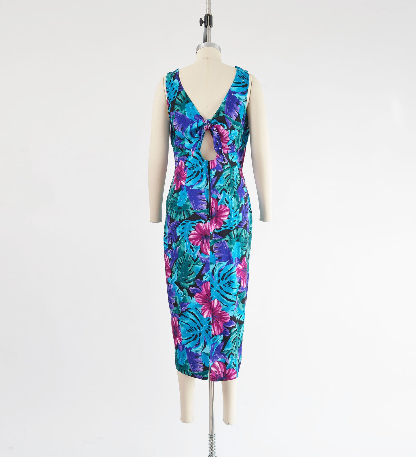 Vintage 90s Tropical Floral Print Sleeveless Midi Dress with Tie Back size M