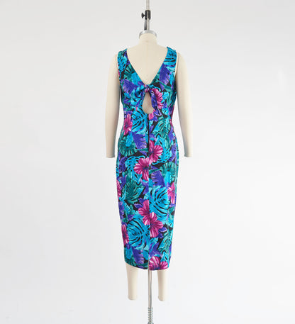 Vintage 90s Tropical Floral Print Sleeveless Midi Dress with Tie Back size M