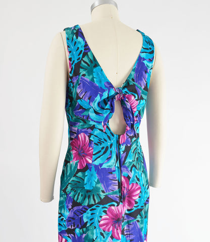 Vintage 90s Tropical Floral Print Sleeveless Midi Dress with Tie Back size M