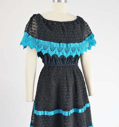 Vintage 80s Black and Blue Mexican Lace Off Shoulder Peasant Dress with Tie Belt size S M