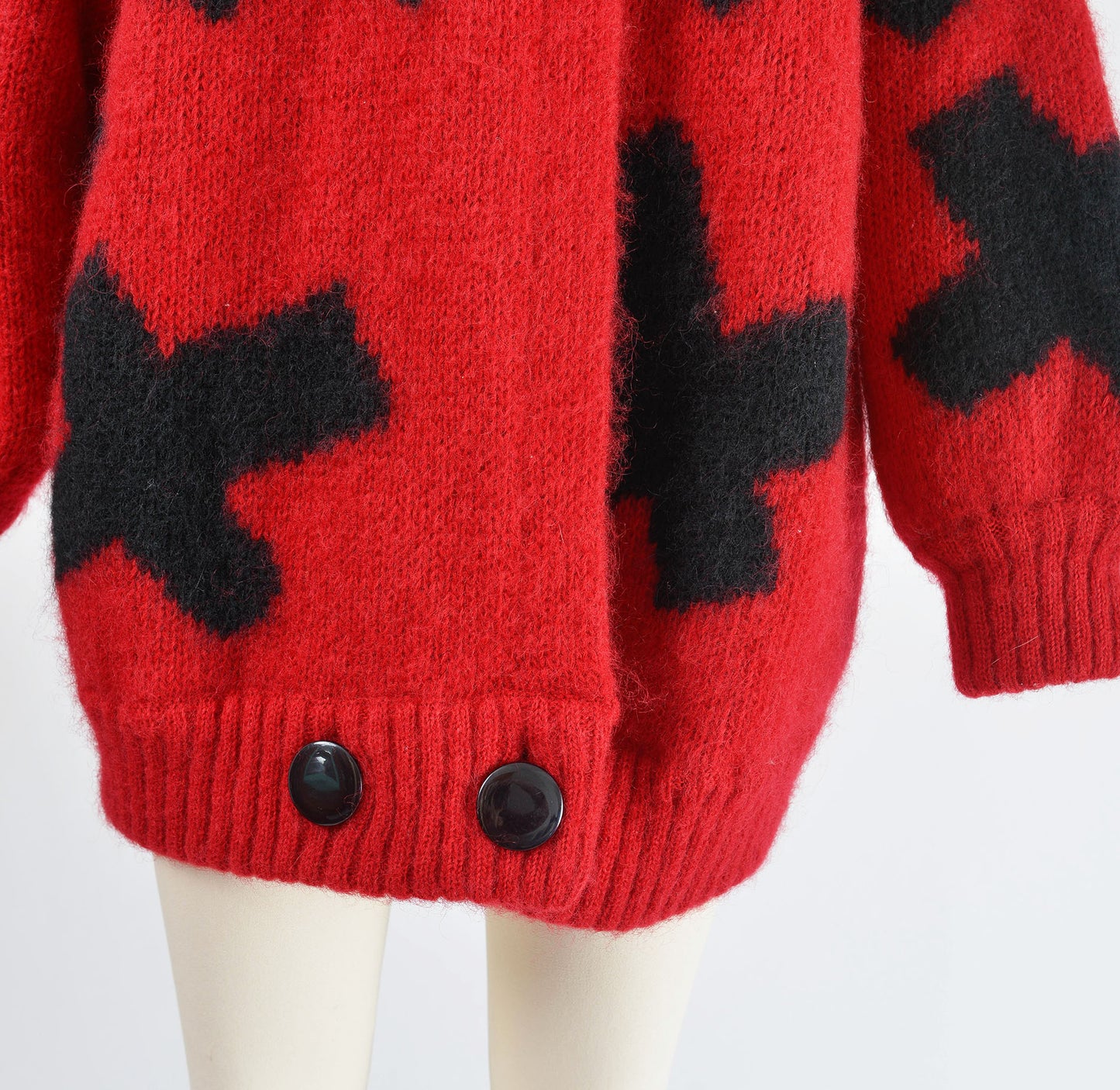 Vintage 80s Red and Black Sweater Jacket Mohair Wool Cardigan with Scarf Neck size S M