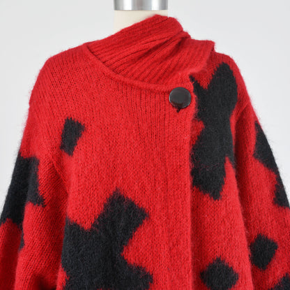 Vintage 80s Red and Black Sweater Jacket Mohair Wool Cardigan with Scarf Neck size S M