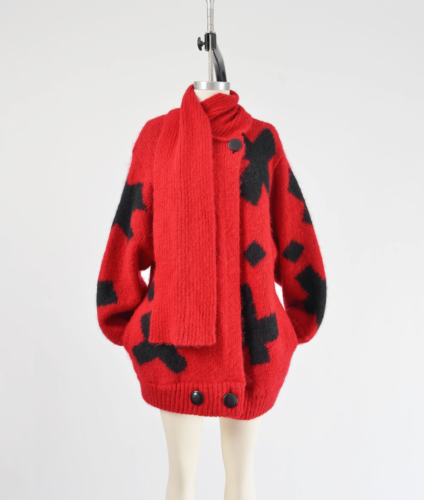 Vintage 80s Red and Black Sweater Jacket Mohair Wool Cardigan with Scarf Neck size S M