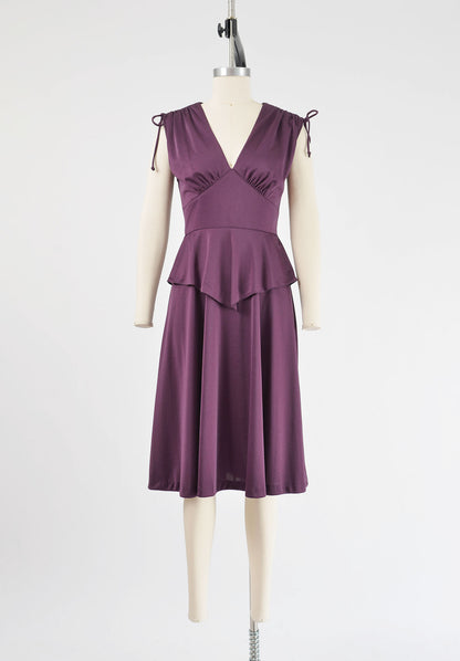 Vintage 70s Plum Purple Cocktail Dress V Neck Peplum Waist Flowy Disco Glam Midi Dress XS