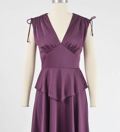 Vintage 70s Plum Purple Cocktail Dress V Neck Peplum Waist Flowy Disco Glam Midi Dress XS