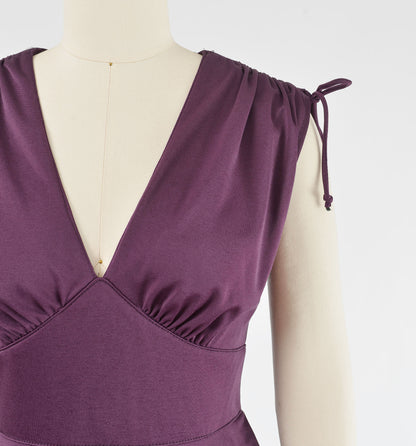 Vintage 70s Plum Purple Cocktail Dress V Neck Peplum Waist Flowy Disco Glam Midi Dress XS