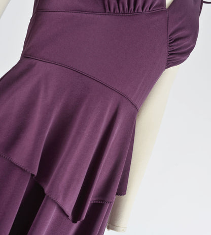 Vintage 70s Plum Purple Cocktail Dress V Neck Peplum Waist Flowy Disco Glam Midi Dress XS