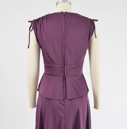 Vintage 70s Plum Purple Cocktail Dress V Neck Peplum Waist Flowy Disco Glam Midi Dress XS