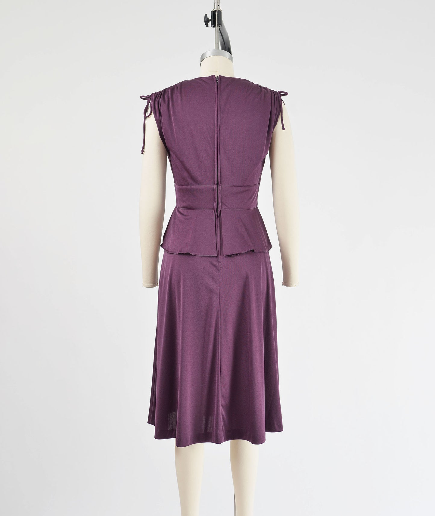 Vintage 70s Plum Purple Cocktail Dress V Neck Peplum Waist Flowy Disco Glam Midi Dress XS