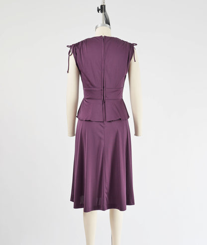 Vintage 70s Plum Purple Cocktail Dress V Neck Peplum Waist Flowy Disco Glam Midi Dress XS