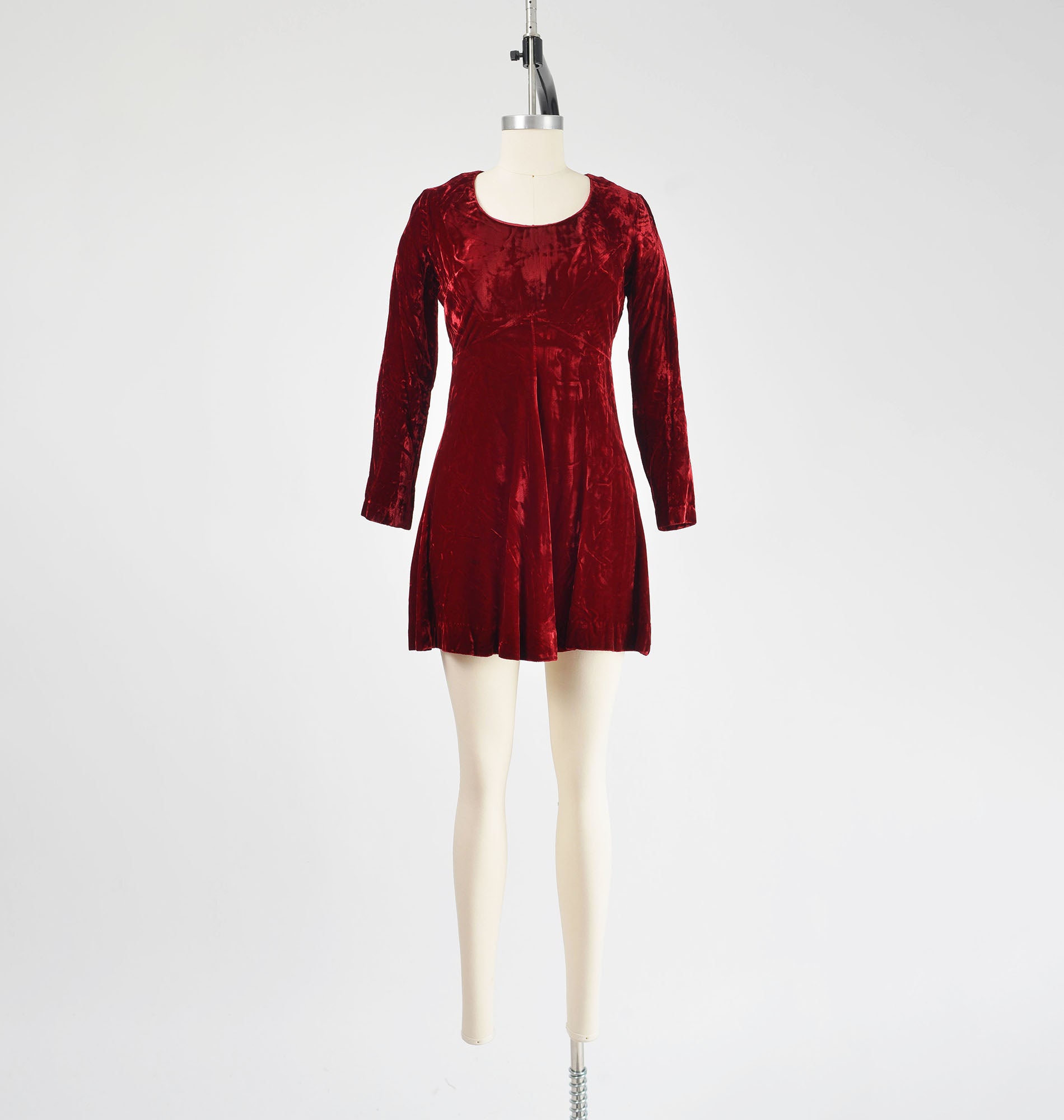 Full front view of 70s burgundy red velvet mini dress.