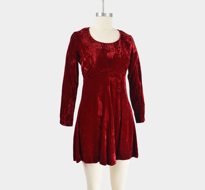 Vintage 70s Burgundy Red Crushed Velvet Empire Waist Babydoll Mini Dress size XS