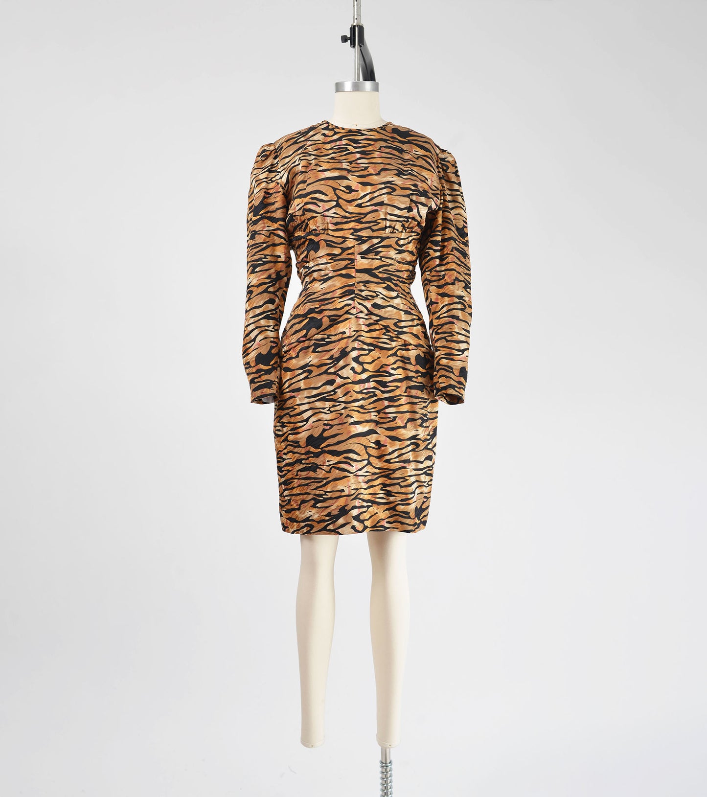 Full front view of vintage Lillie Rubin animal print silk dress. 