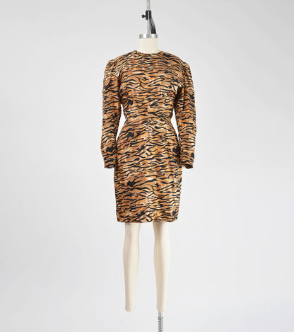 Full front view of vintage Lillie Rubin animal print silk dress. 