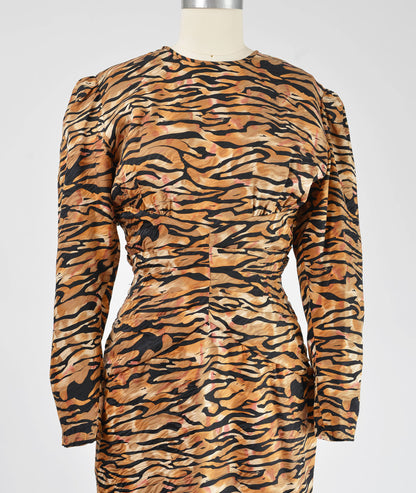 Vintage 80s Lillie Rubin Silk Animal Print Puff Sleeve Cut Out Back Cocktail Dress size S