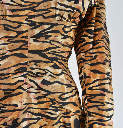 Close up view of animal print silk fabric on Lillie Rubin dress.