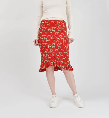 Vintage 90s Y2K Esprit Red Cute Dog Print Stretchy Knit Skirt with Ruffle Hem size XS