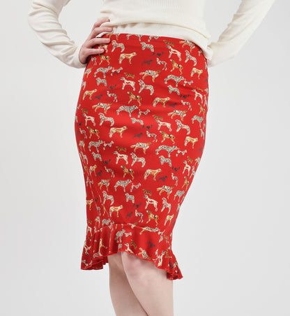 Vintage 90s Y2K Esprit Red Cute Dog Print Stretchy Knit Skirt with Ruffle Hem size XS