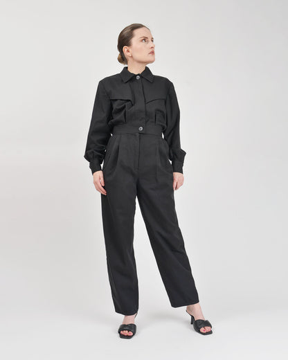 Vintage 80s Black Wool Jumpsuit Collared Button Down High Waisted Tapered Leg Pantsuit S